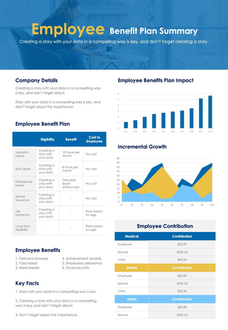 One-Pagers-Infographics Documents Sky Blue Yellow Employee Benefit Plan One Page Summary Document powerpoint-template keynote-template google-slides-template infographic-template
