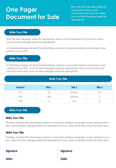 One-Pagers-Infographics Infographics Aquamarine One Pager Document for Sale Report powerpoint-template keynote-template google-slides-template infographic-template