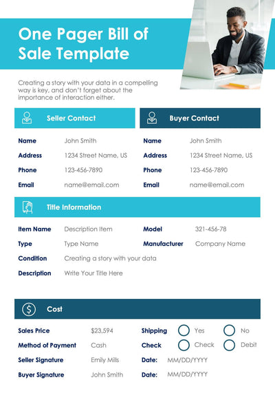 One-Pagers-Infographics Infographics Blue Bill of Sale One Page Summary Report Document powerpoint-template keynote-template google-slides-template infographic-template