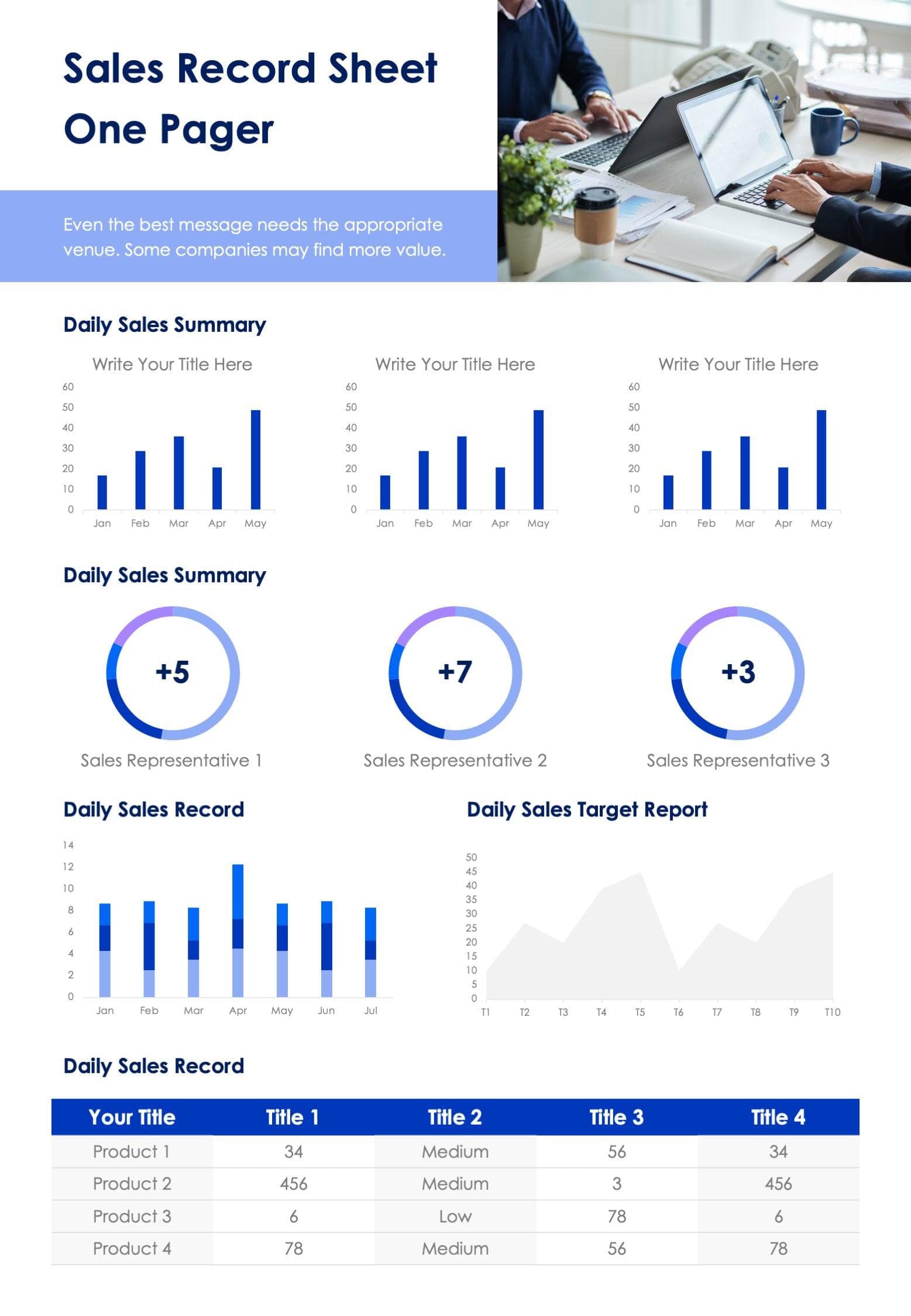 Blue Sales Record Sheet One Pager Document Report 