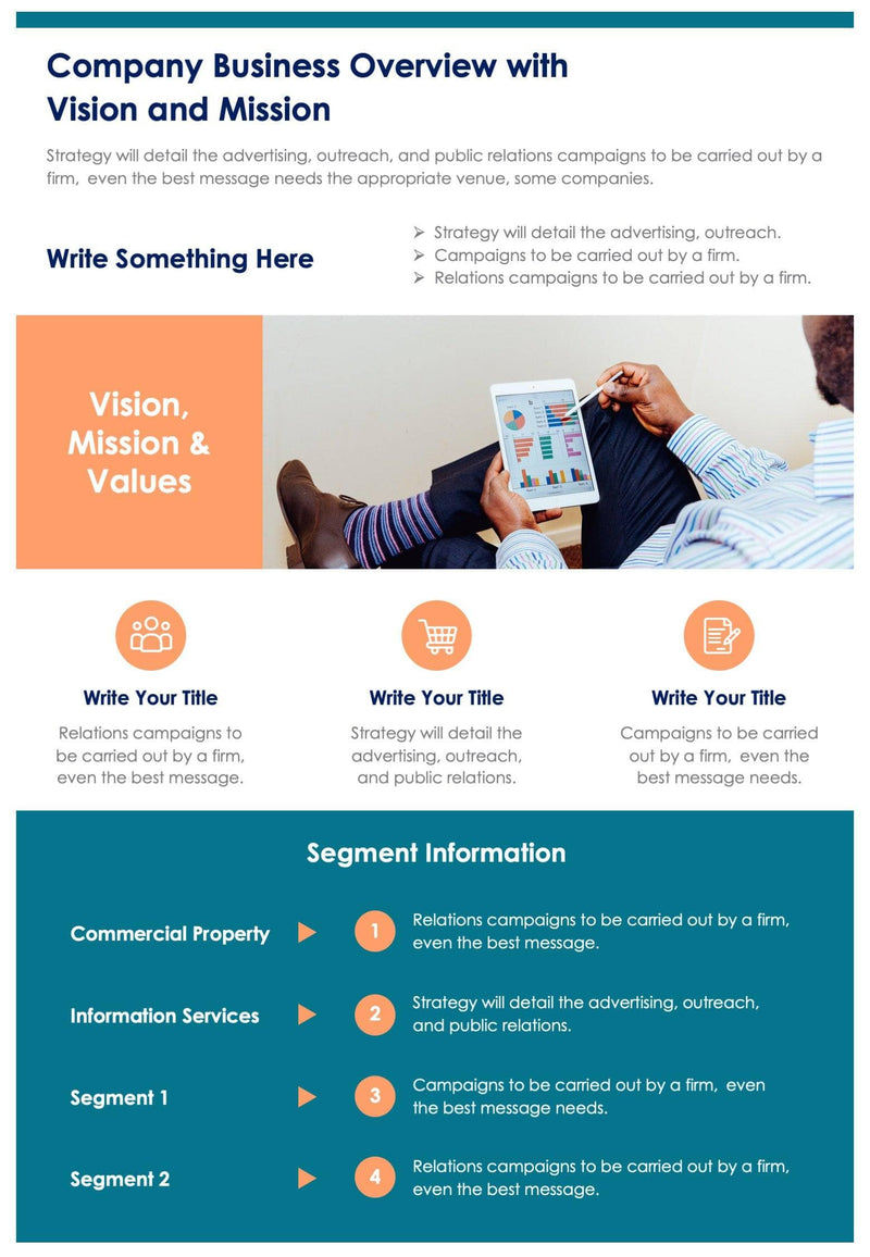 One-Pagers-Infographics Infographics Company Business Overview with Vision and Mission Document Report powerpoint-template keynote-template google-slides-template infographic-template