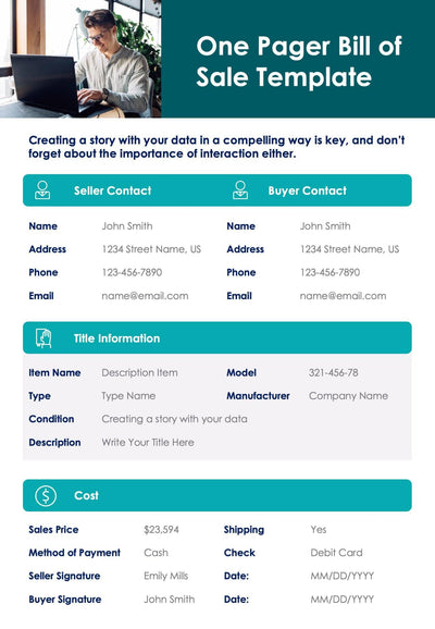 One-Pagers-Infographics Infographics Dark Green Bill of Sale One Page Summary Report Document powerpoint-template keynote-template google-slides-template infographic-template