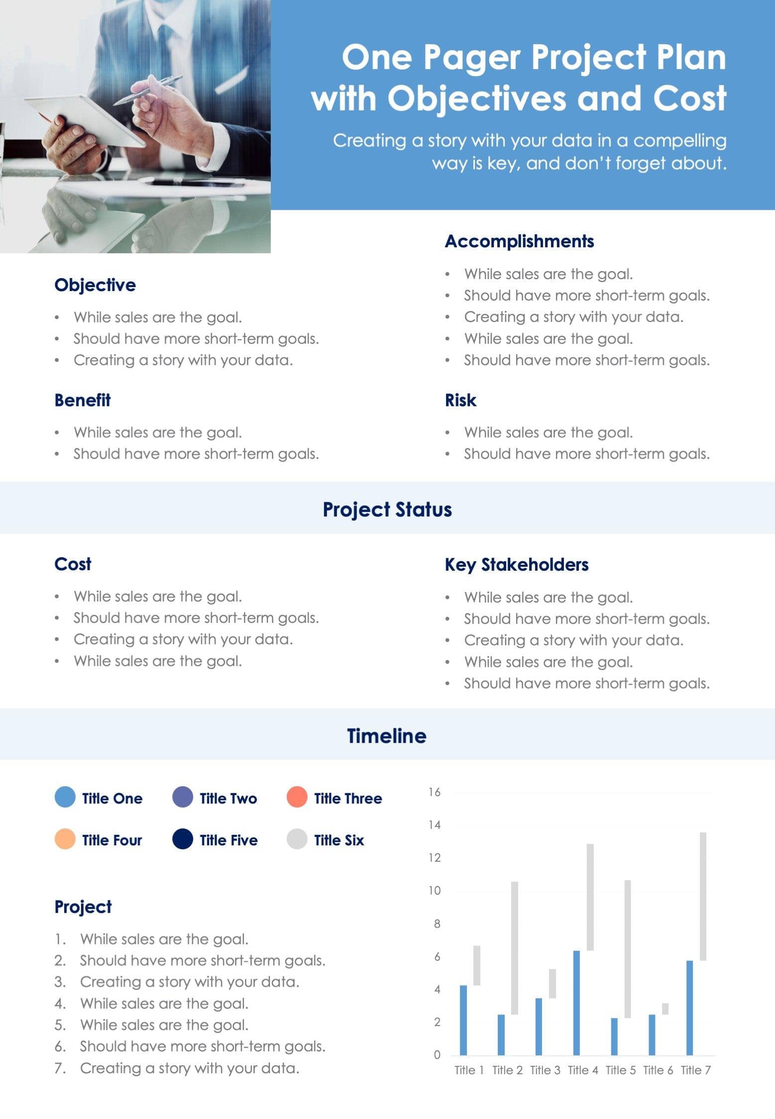 Sky Blue One Pager Project Plan With Objectives And Cost Document Repo 