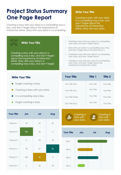 One-Pagers-Slides Infographics Green and Yellow Project Status One Page Summary Report Document powerpoint-template keynote-template google-slides-template infographic-template