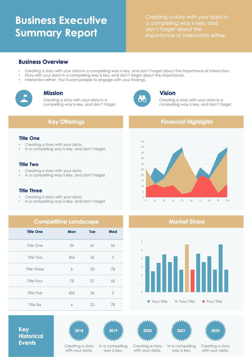 Blue And Yellow Business Executive One Page Summary Report Document 