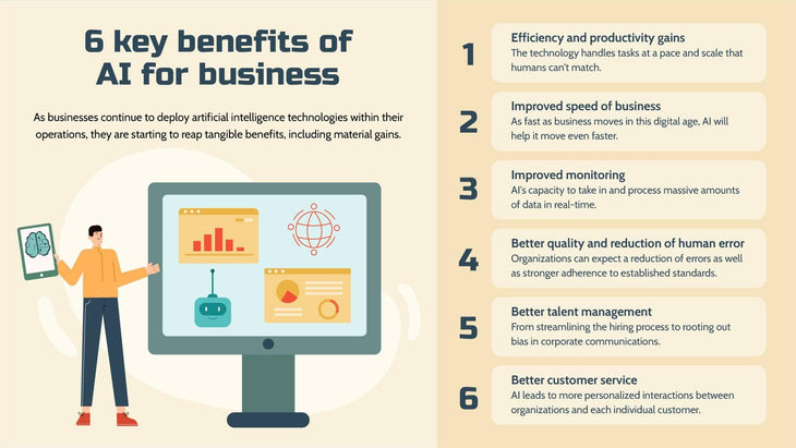 Artificial Intelligence-Slides Slides Six Key Benefits of AI for Business Artificial Intelligence Infographic Template powerpoint-template keynote-template google-slides-template infographic-template