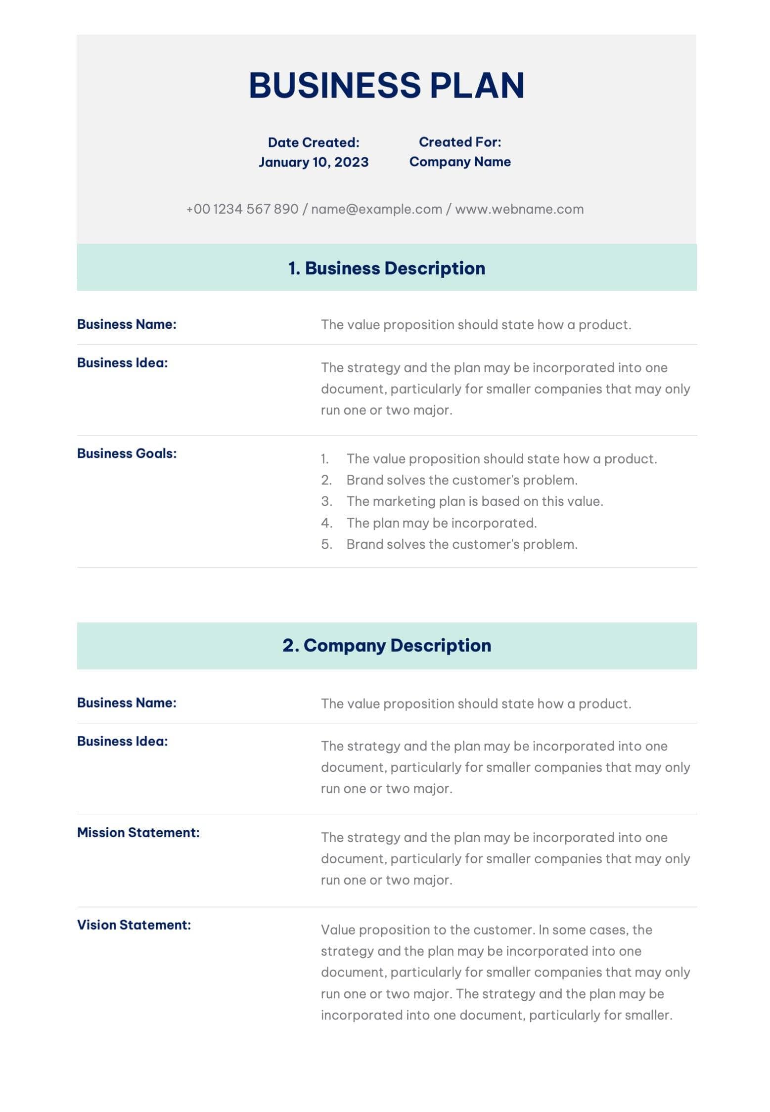 Green and gray business plan document showing business description and company description sections