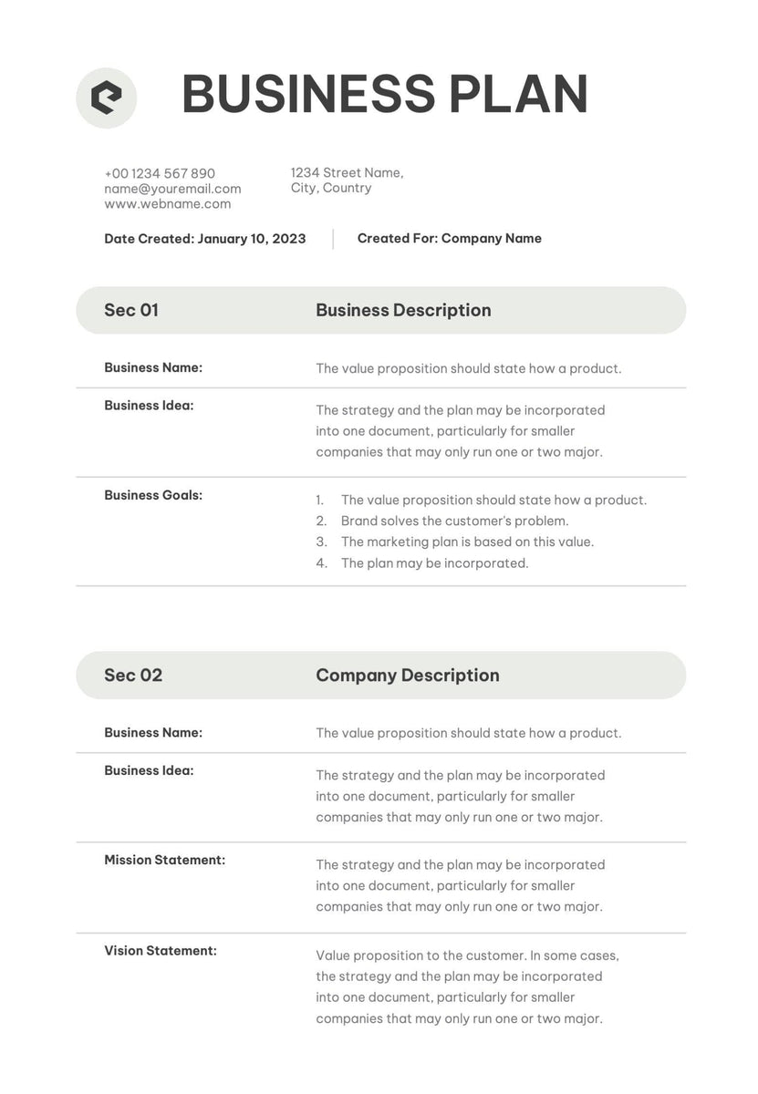 Light Gray Business Plan Template S01022301 – Infografolio