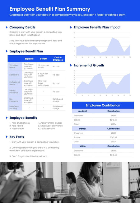 One-Pagers-Infographics Documents Blue Black and White Employee Benefit Plan One Page Summary Document powerpoint-template keynote-template google-slides-template infographic-template