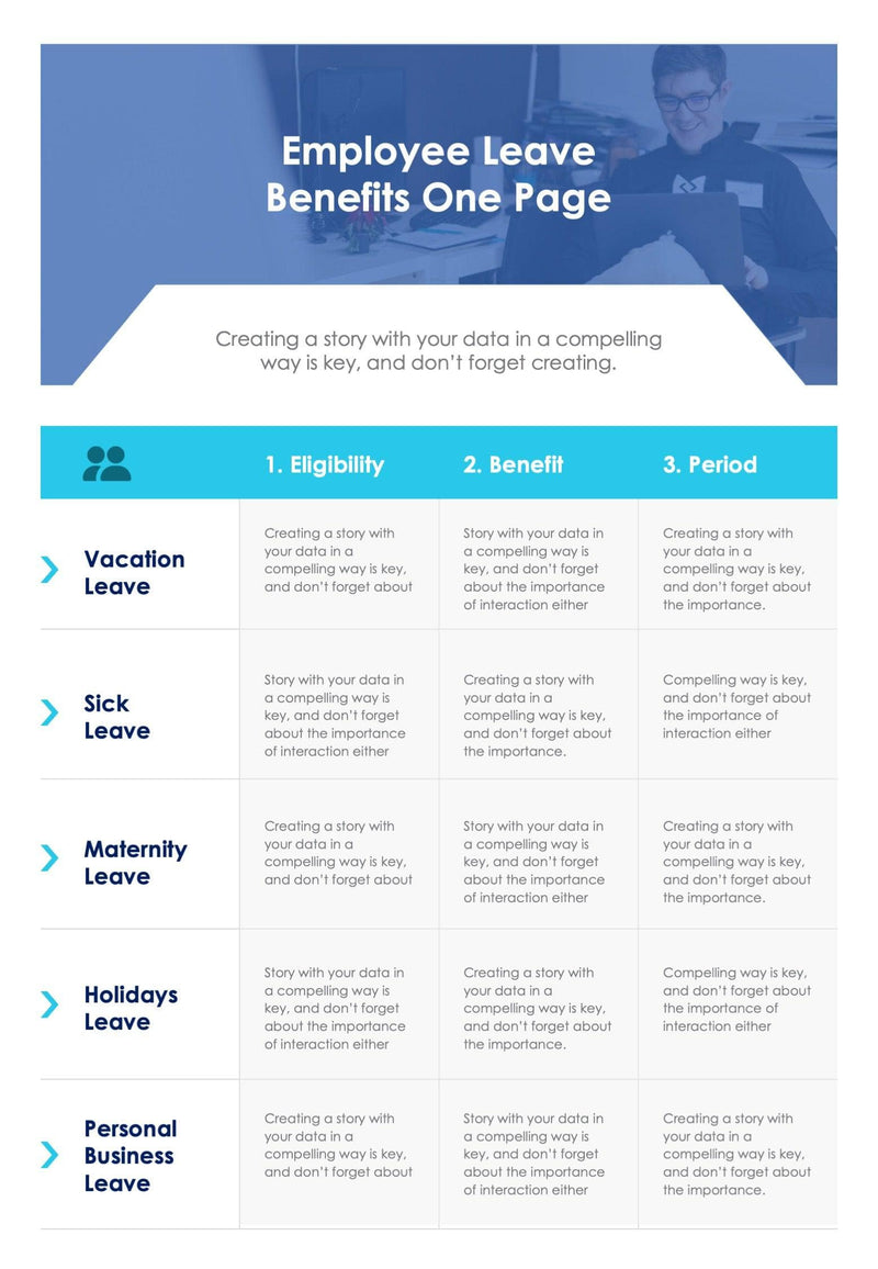 One-Pagers-Infographics Documents Blue Employee Leave Benefits One Page Report Document powerpoint-template keynote-template google-slides-template infographic-template