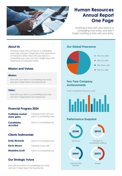 One-Pagers-Infographics Documents Blue Green Human Resources One Page Annual Report Document powerpoint-template keynote-template google-slides-template infographic-template