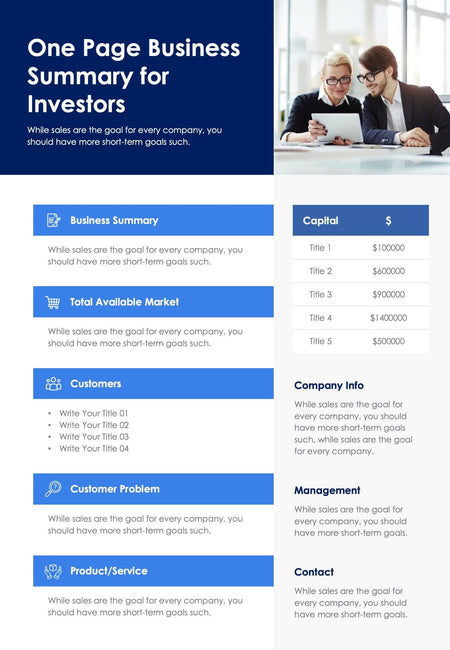 One-Pagers-Infographics Documents Blue One Page Business Summary for Investors Document Report powerpoint-template keynote-template google-slides-template infographic-template