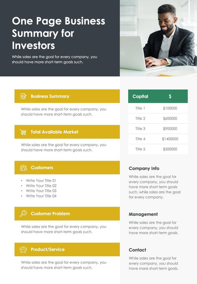 One-Pagers-Infographics Documents Dark Gray and Yellow One Page Business Summary for Investors Document powerpoint-template keynote-template google-slides-template infographic-template
