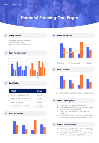 One-Pagers-Infographics Documents Orange and Purple Financial Planning One Page Report Document powerpoint-template keynote-template google-slides-template infographic-template