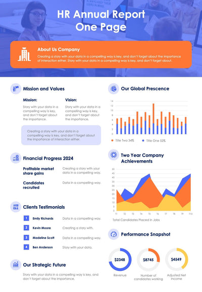 One-Pagers-Infographics Documents Purple Orange Yellow Human Resources One Page Annual Report Document powerpoint-template keynote-template google-slides-template infographic-template