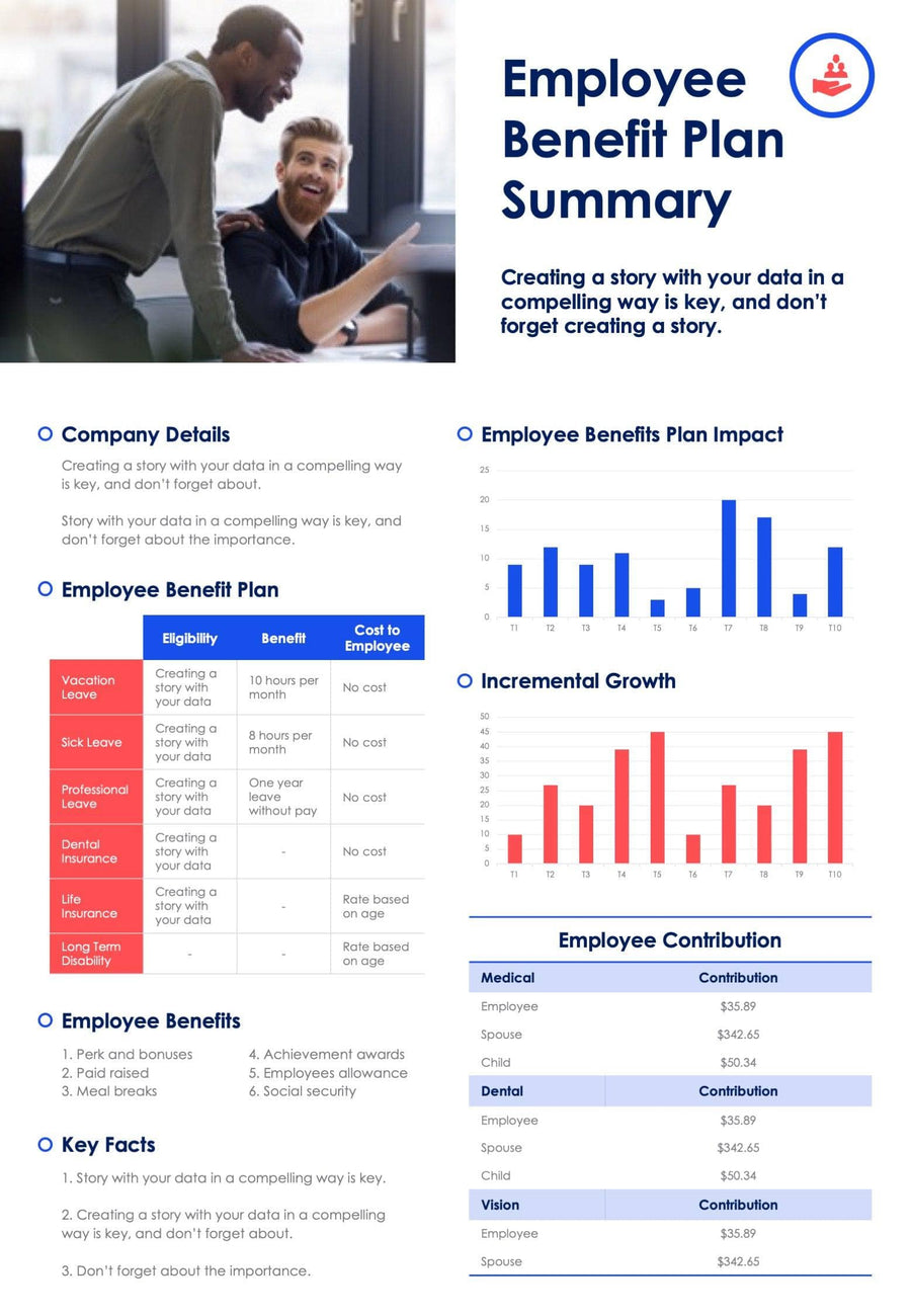 Red and Blue Employee Benefit Plan One Page Summary Document | Infografolio