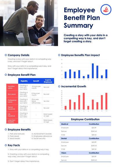 One-Pagers-Infographics Documents Red and Blue Employee Benefit Plan One Page Summary Document powerpoint-template keynote-template google-slides-template infographic-template