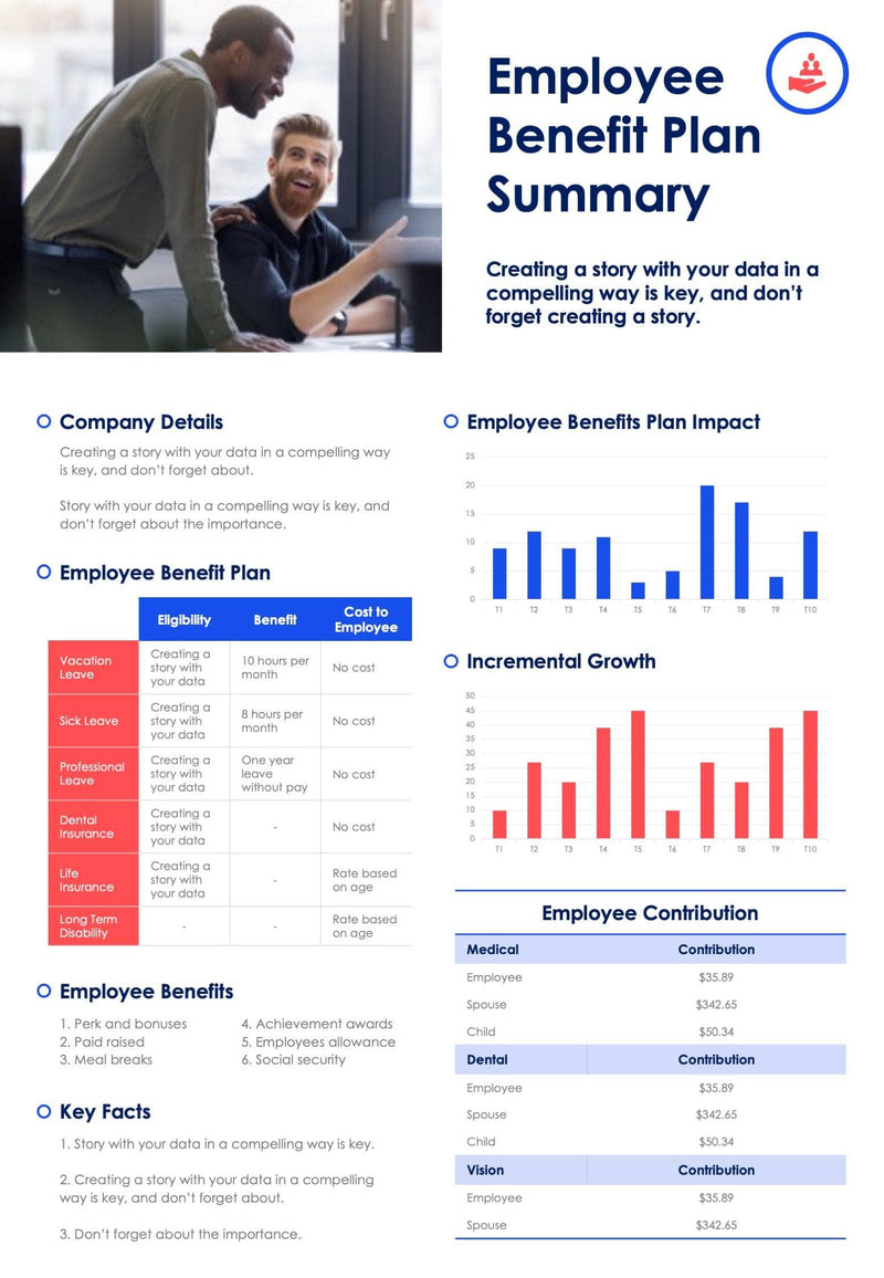 One-Pagers-Infographics Documents Red and Blue Employee Benefit Plan One Page Summary Document powerpoint-template keynote-template google-slides-template infographic-template