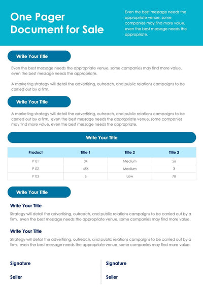 One-Pagers-Infographics Infographics Aquamarine One Pager Document for Sale Report powerpoint-template keynote-template google-slides-template infographic-template
