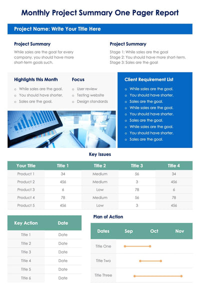 One-Pagers-Infographics Infographics Blue and Green Monthly Project Summary One Pager Report Document powerpoint-template keynote-template google-slides-template infographic-template