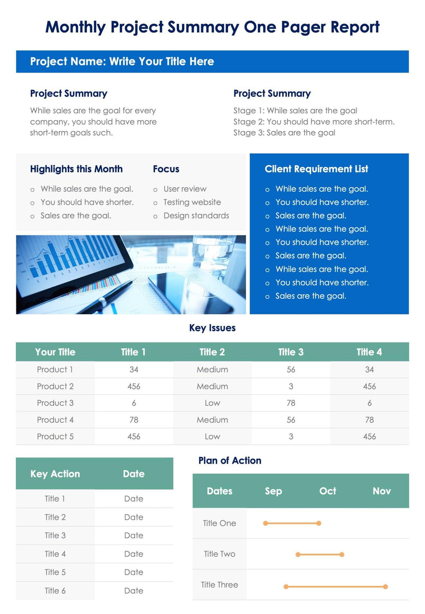 Blue and Green Monthly Project Summary One Pager Report Document ...