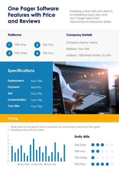 One-Pagers-Infographics Infographics Blue and Yellow One Pager Software Features with Price and Reviews Document Report powerpoint-template keynote-template google-slides-template infographic-template