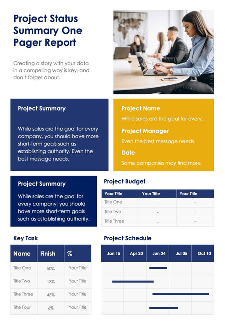One-Pagers-Infographics Infographics Blue and Yellow Project Status Summary One Page Report Document powerpoint-template keynote-template google-slides-template infographic-template