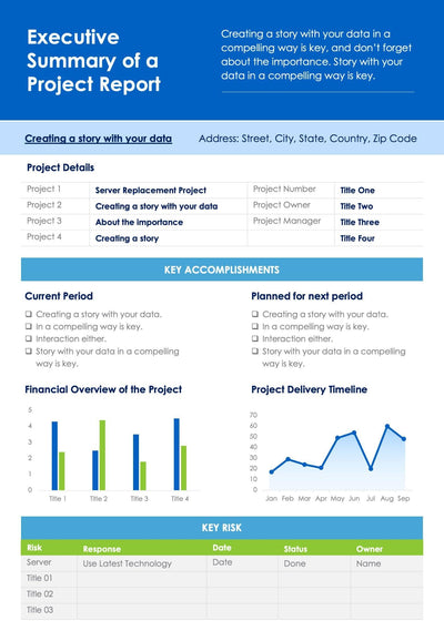 One-Pagers-Infographics Infographics Blue Executive Summary of a Project Report One Page Document powerpoint-template keynote-template google-slides-template infographic-template