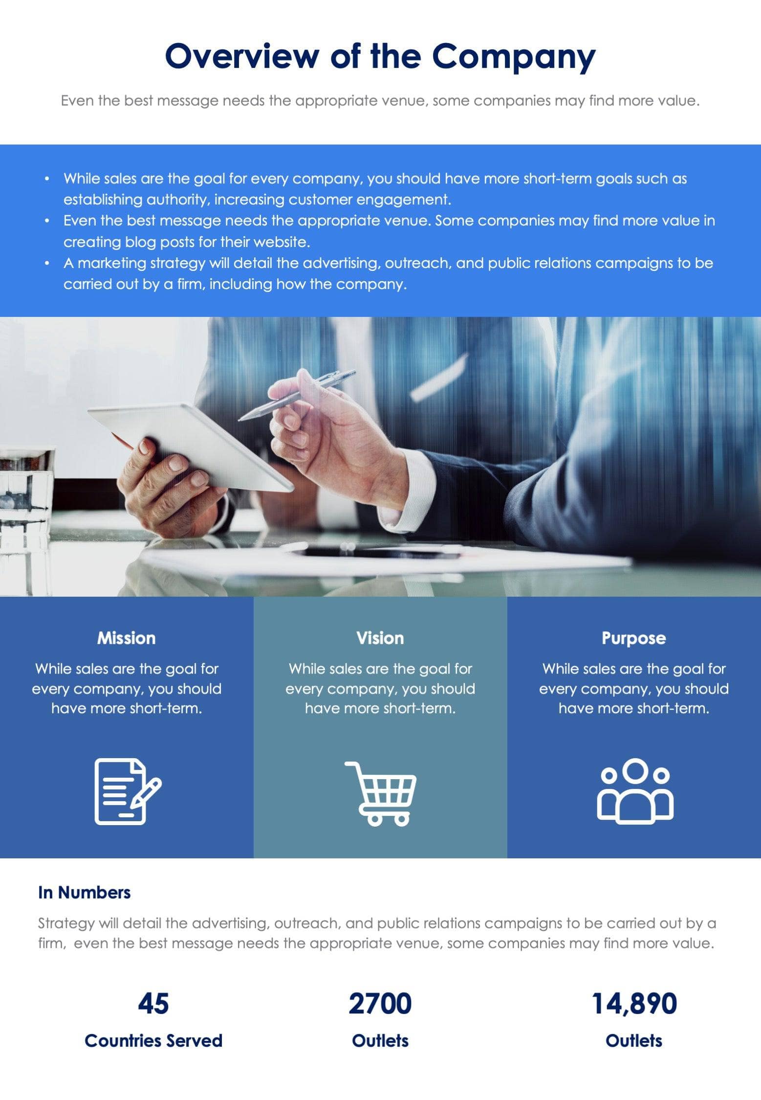 Blue Overview of the Company One Page Report Document | Infografolio