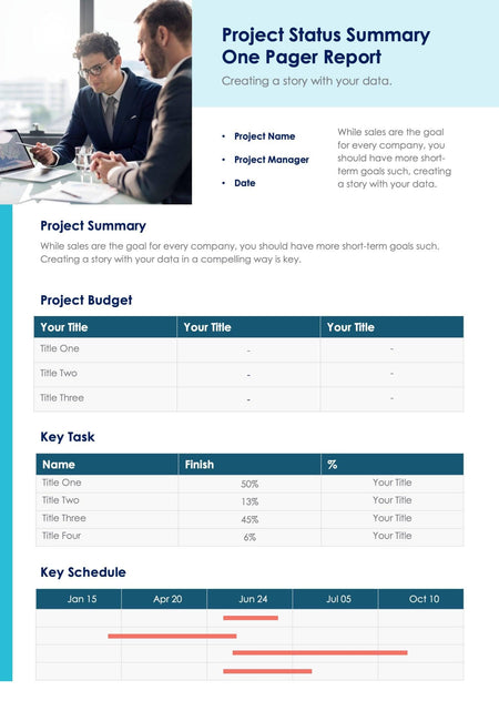 One-Pagers-Infographics Infographics Blue Project Status Summary One Page Report Document powerpoint-template keynote-template google-slides-template infographic-template