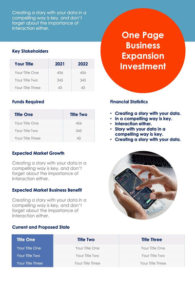 One-Pagers-Infographics Infographics Orange and Blue Business Expansion Investment One Page Summary Report Document powerpoint-template keynote-template google-slides-template infographic-template
