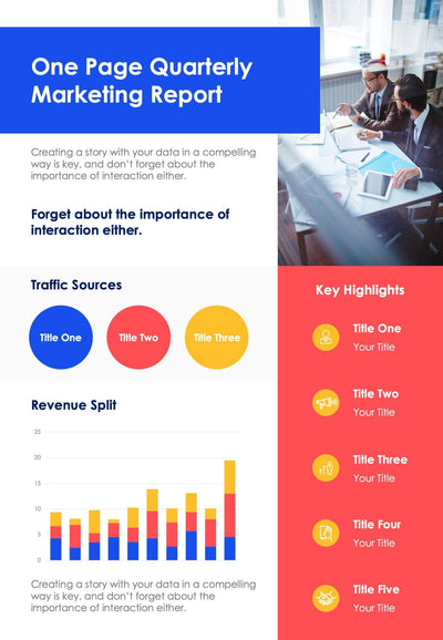 One-Pagers-Infographics Infographics Red and Blue Quarterly Marketing One Page Summary Report Document powerpoint-template keynote-template google-slides-template infographic-template