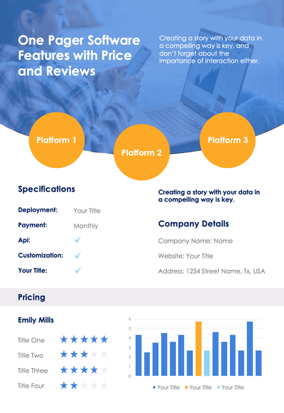 One-Pagers-Infographics Infographics Yellow and Blue Software Features with Price and Reviews One Page Summary Report Document powerpoint-template keynote-template google-slides-template infographic-template