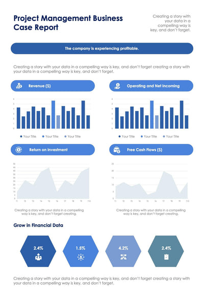 One-Pagers-Slides Infographics Four Blue Project Management Business Case One Page Report Document powerpoint-template keynote-template google-slides-template infographic-template