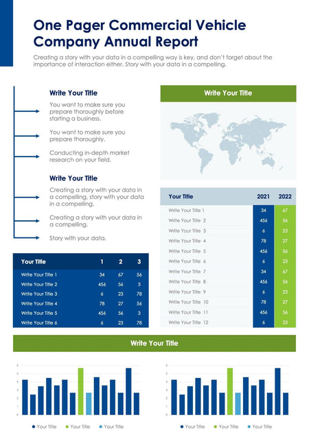 One-Pagers-Slides Infographics Green and Blue One Pager Commercial Vehicle Company Annual Report Document powerpoint-template keynote-template google-slides-template infographic-template