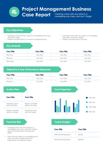 One-Pagers-Slides Infographics Green and Blue Project Management Business Case One Page Report Document powerpoint-template keynote-template google-slides-template infographic-template