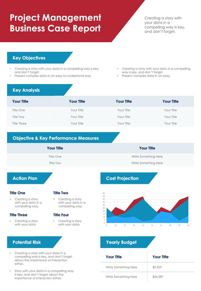 One-Pagers-Slides Infographics Red and Blue Project Management Business Case One Page Report Document powerpoint-template keynote-template google-slides-template infographic-template