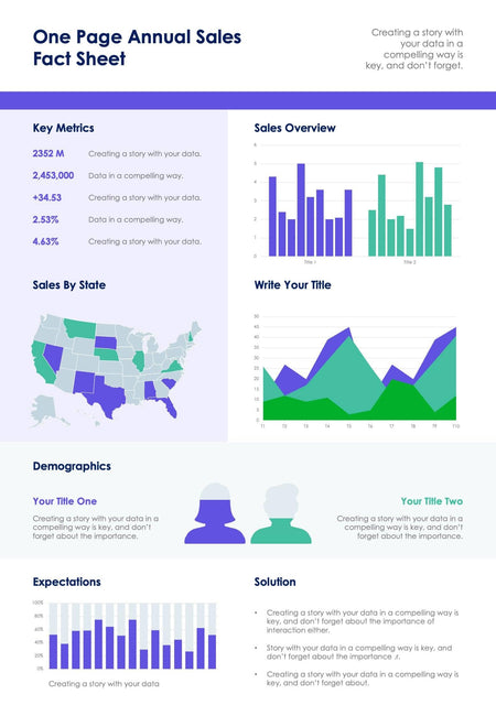 One-Pagers-Slides Infographics Violet and Green One Page Annual Sales Fact Sheet Document powerpoint-template keynote-template google-slides-template infographic-template