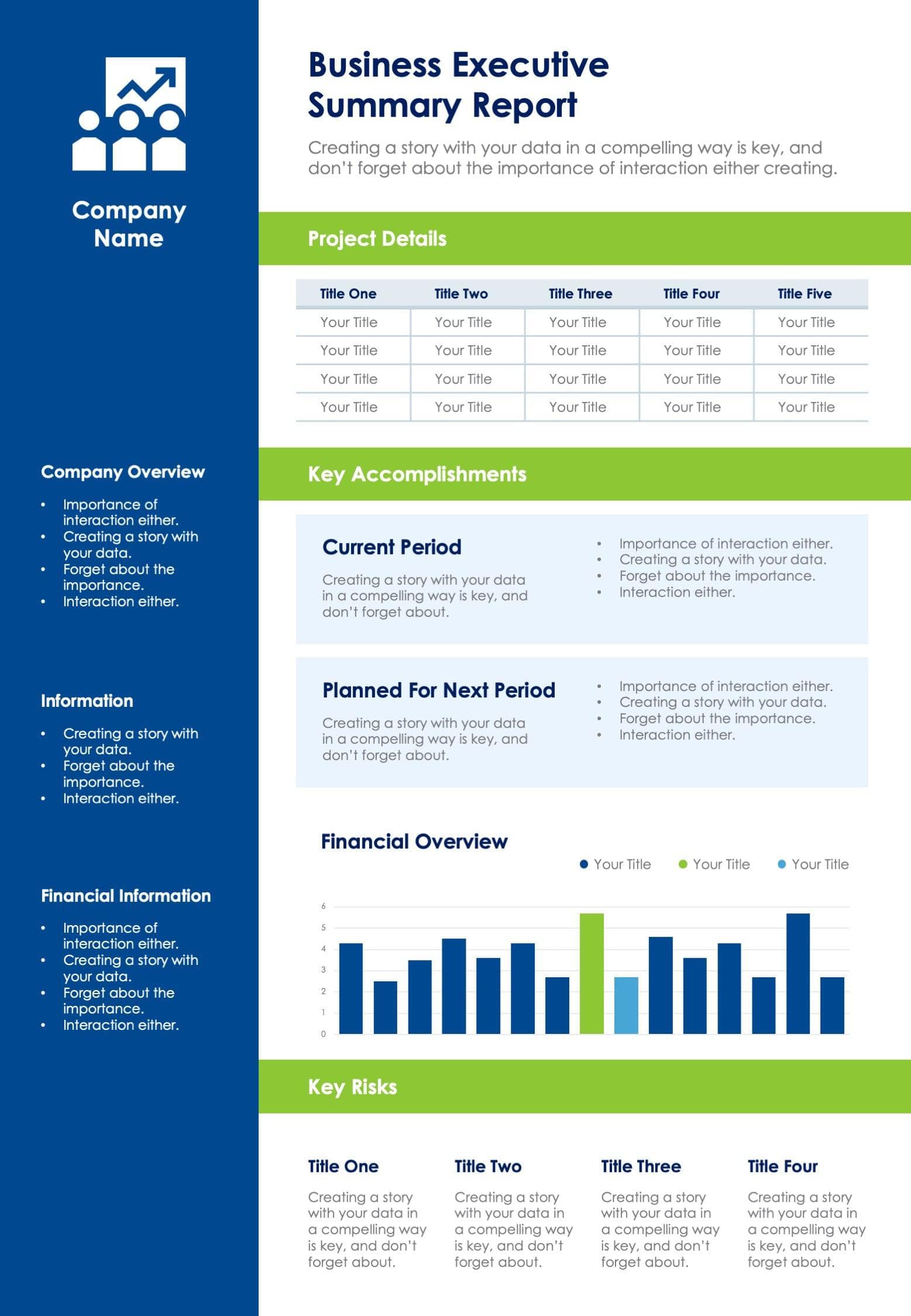 Blue and Green Business Executive One Page Summary Report Document ...
