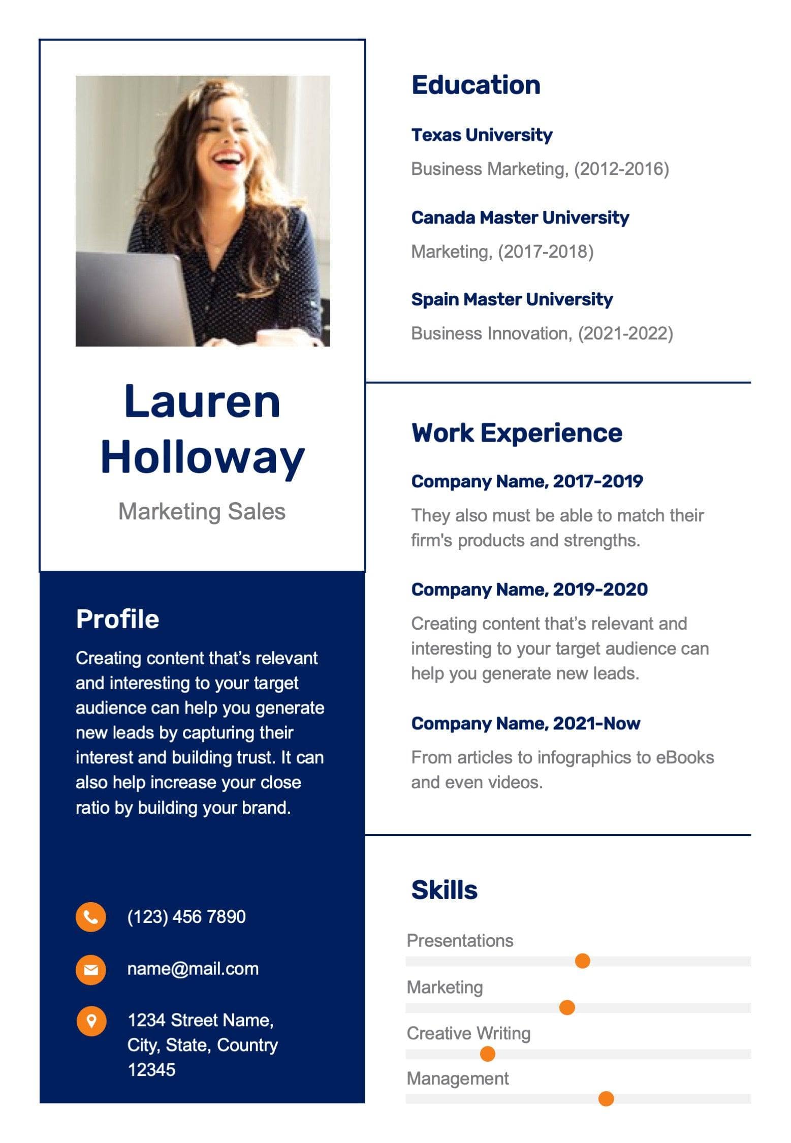 Blue and Orange Formal Resume Template | Infografolio