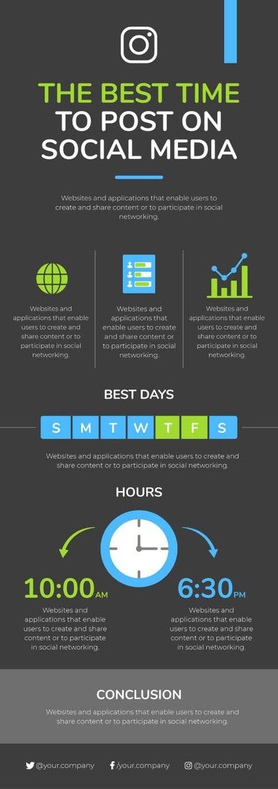 Social-Media-Infographics Infographics Dark The Best Time to Post on Social Media Infographic Template powerpoint-template keynote-template google-slides-template infographic-template